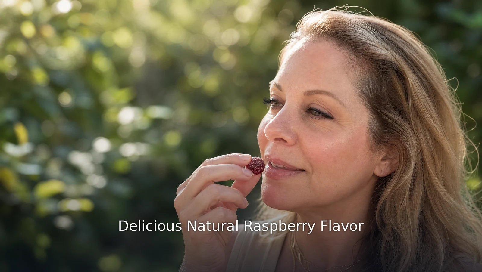 Woman enjoying a DR BARRON gummy outdoors, natural raspberry flavor