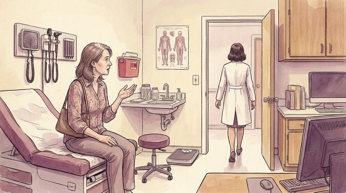 Illustration: a woman sits on an exam table mid-question while her doctor leaves the room