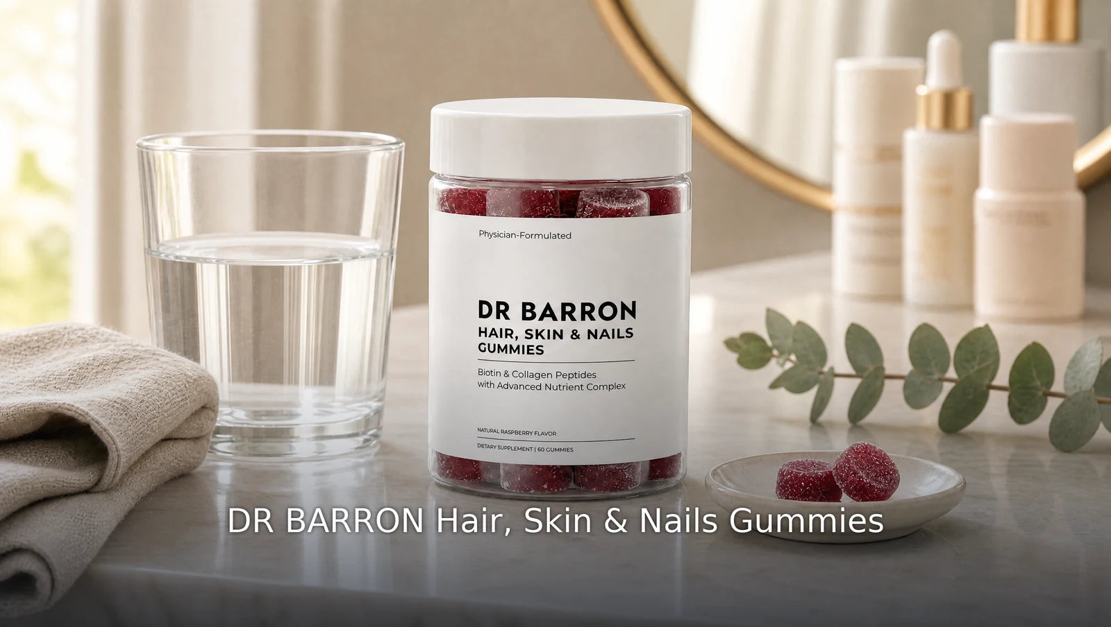 DR BARRON Hair, Skin & Nails Gummies on a bright bathroom vanity