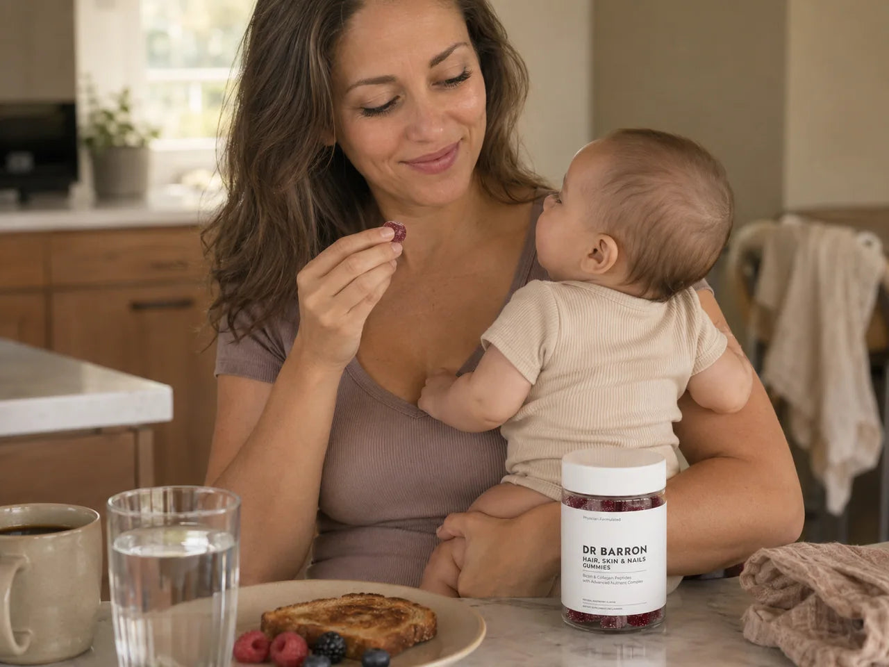 Postpartum mom holding her baby and eating a DR BARRON gummy at the kitchen table, with the DR BARRON Hair, Skin & Nails Gummies jar