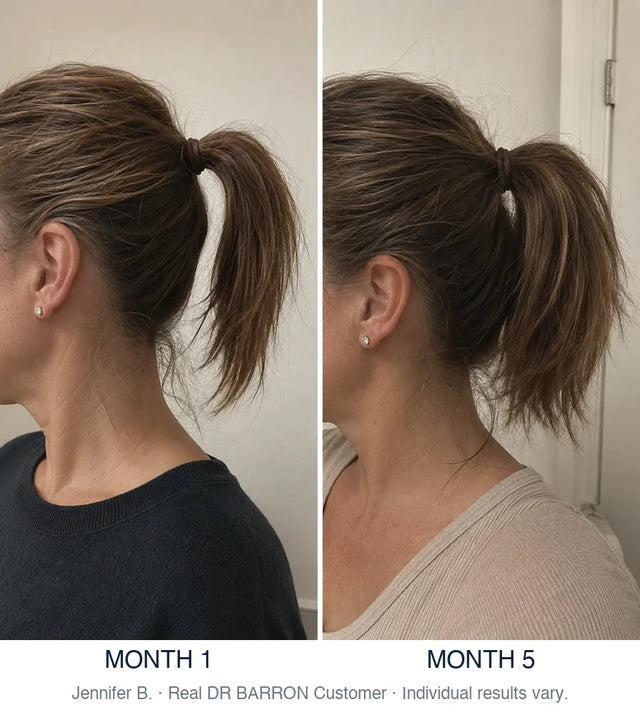 Before and after, Jennifer B., Real DR BARRON Customer, month 1 to month 5. Individual results vary.