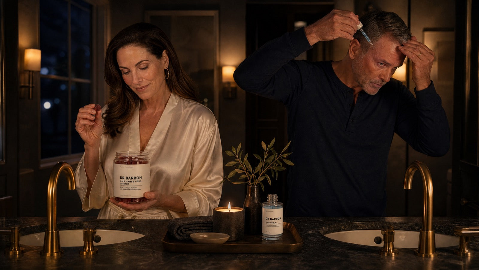 A couple doing the two-direction routine — gummy and serum