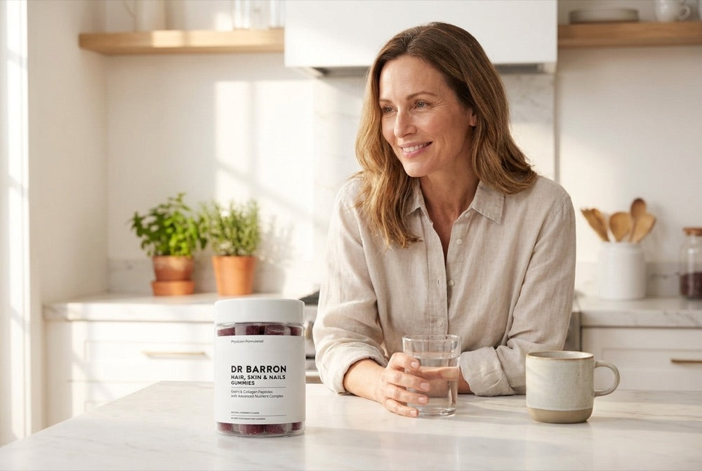 A woman at her kitchen counter in the morning with the DR BARRON Hair, Skin and Nails jar