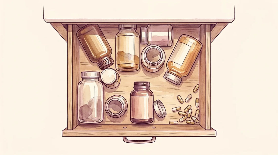 Illustration: an open bathroom drawer crowded with mismatched, half-used supplement bottles