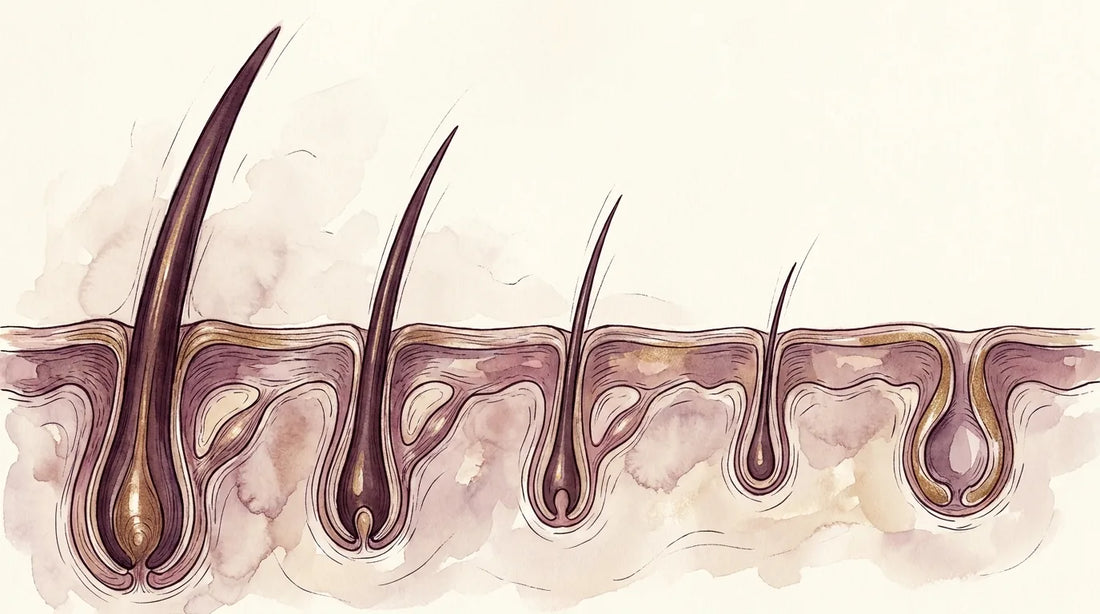 Illustration: five hair follicles in cross-section, each smaller than the last, the final one empty