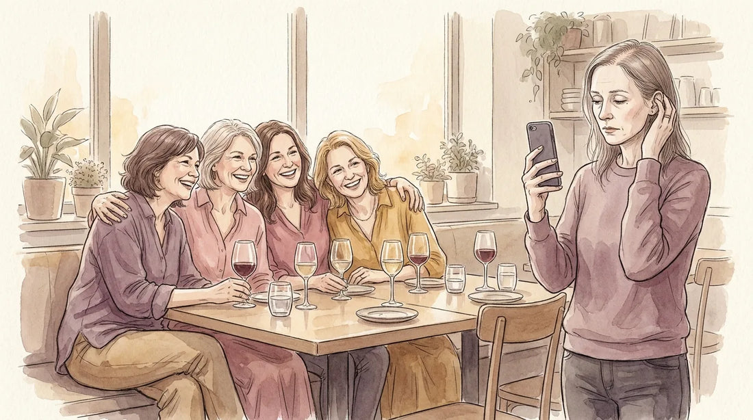 Illustration: four women posed together for a photo while a fifth stands apart, holding the phone.