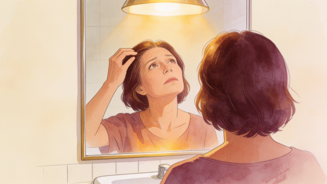 Illustration: a woman at her bathroom mirror under the overhead light, lifting the hair at her part, caught in a quiet pause