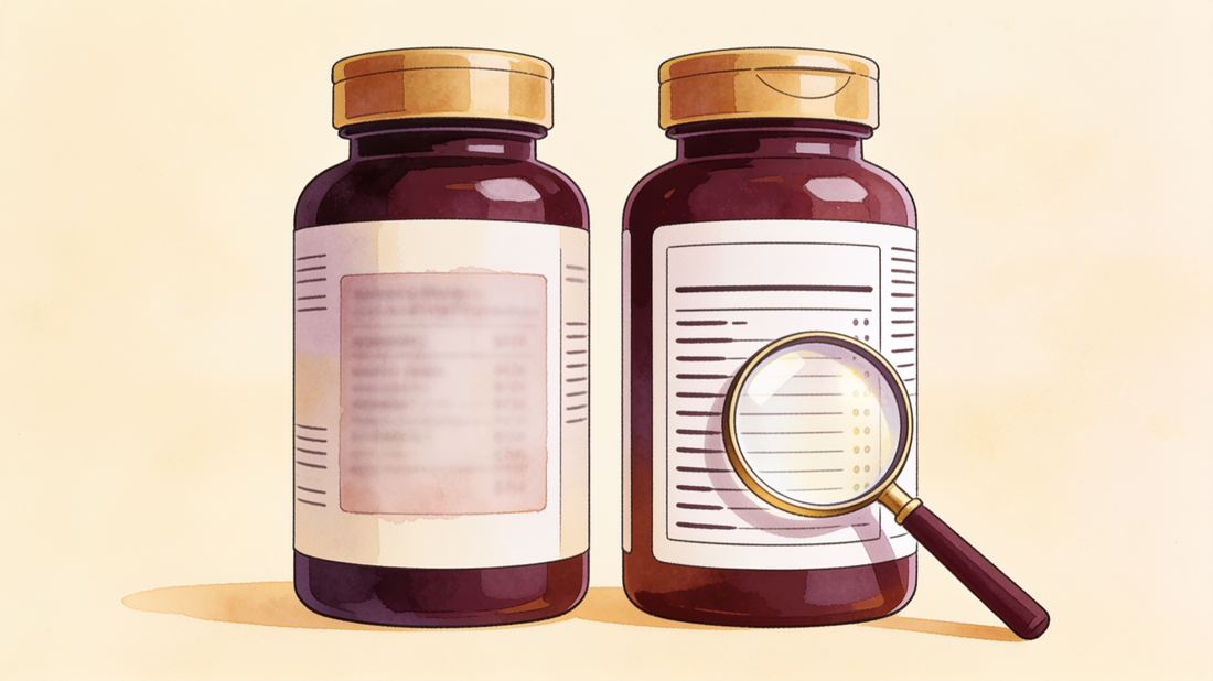 Two supplement labels: a fogged proprietary blend beside a legible printed dose list under a magnifier
