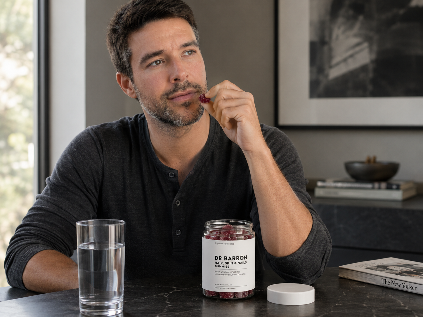 Man taking gummies in morning kitchen routine