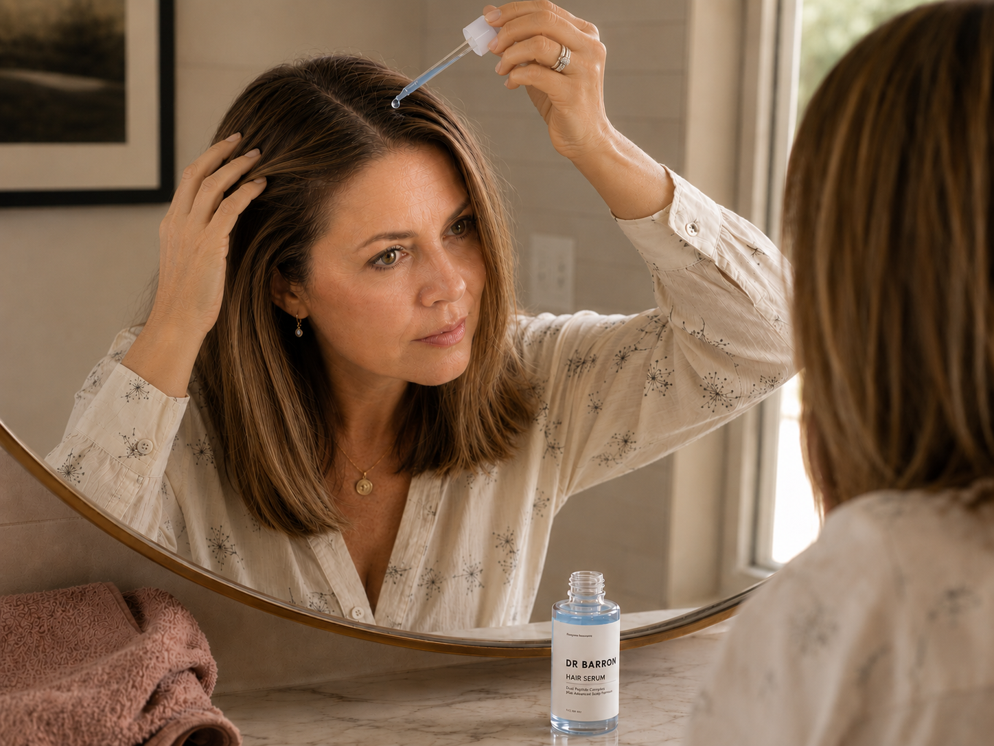 A user applying DR BARRON Advanced Scalp Formula to scalp in morning routine