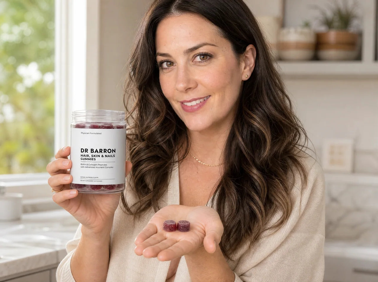 Woman taking DR BARRON Hair, Skin & Nails Gummies in her kitchen