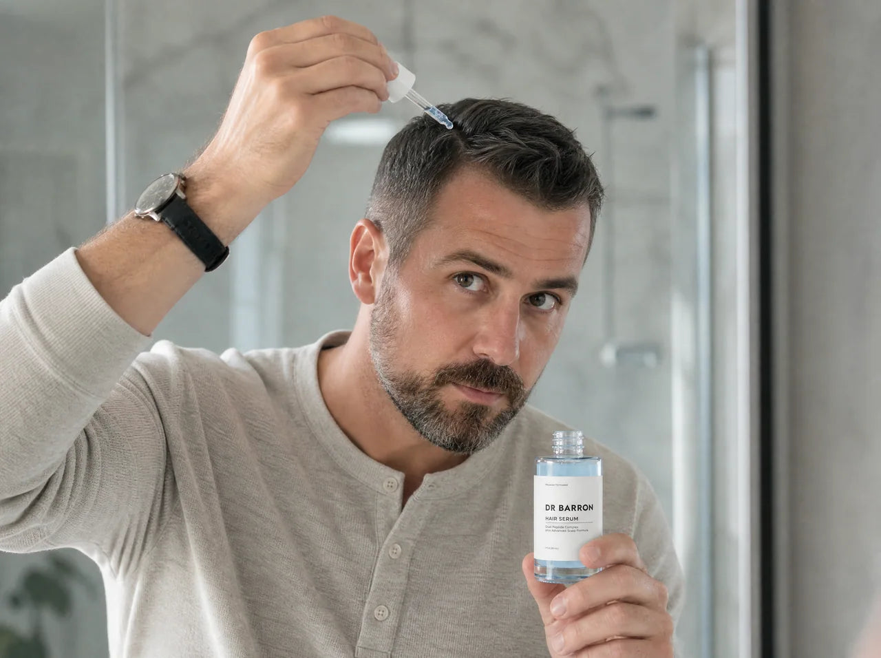 Man applying DR BARRON Hair Serum to his scalp