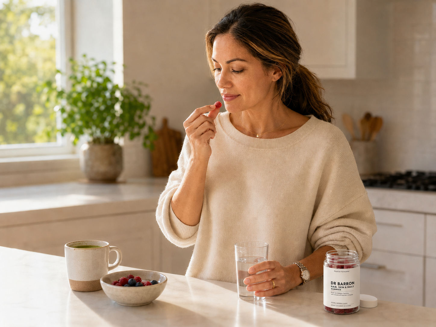 A GLP-1 user in her morning kitchen routine taking a DR BARRON Hair, Skin & Nails gummy with water and berries on the counter