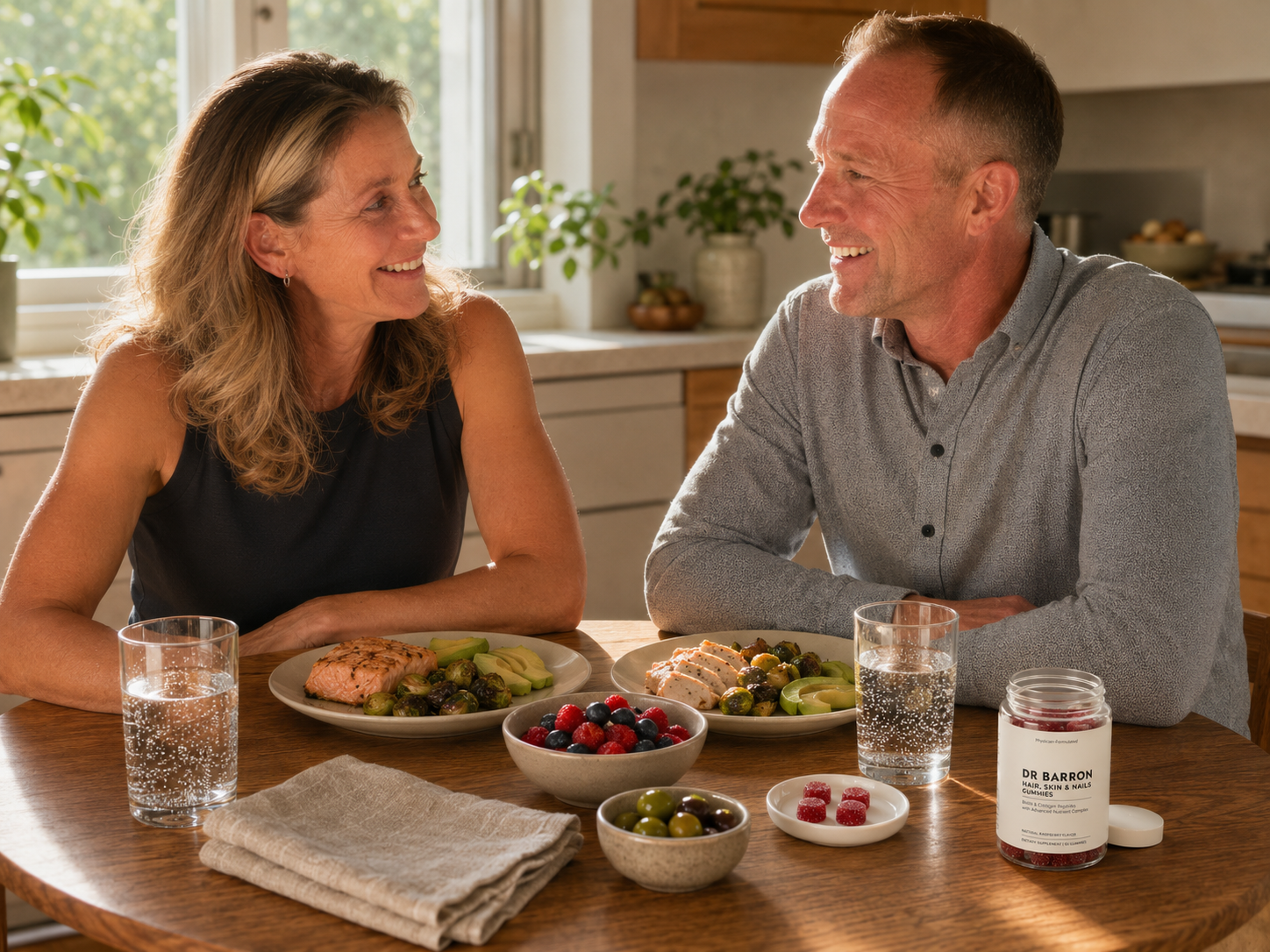 A couple sharing a small meal with DR BARRON Hair, Skin & Nails Gummies on the table as part of their daily GLP-1 routine