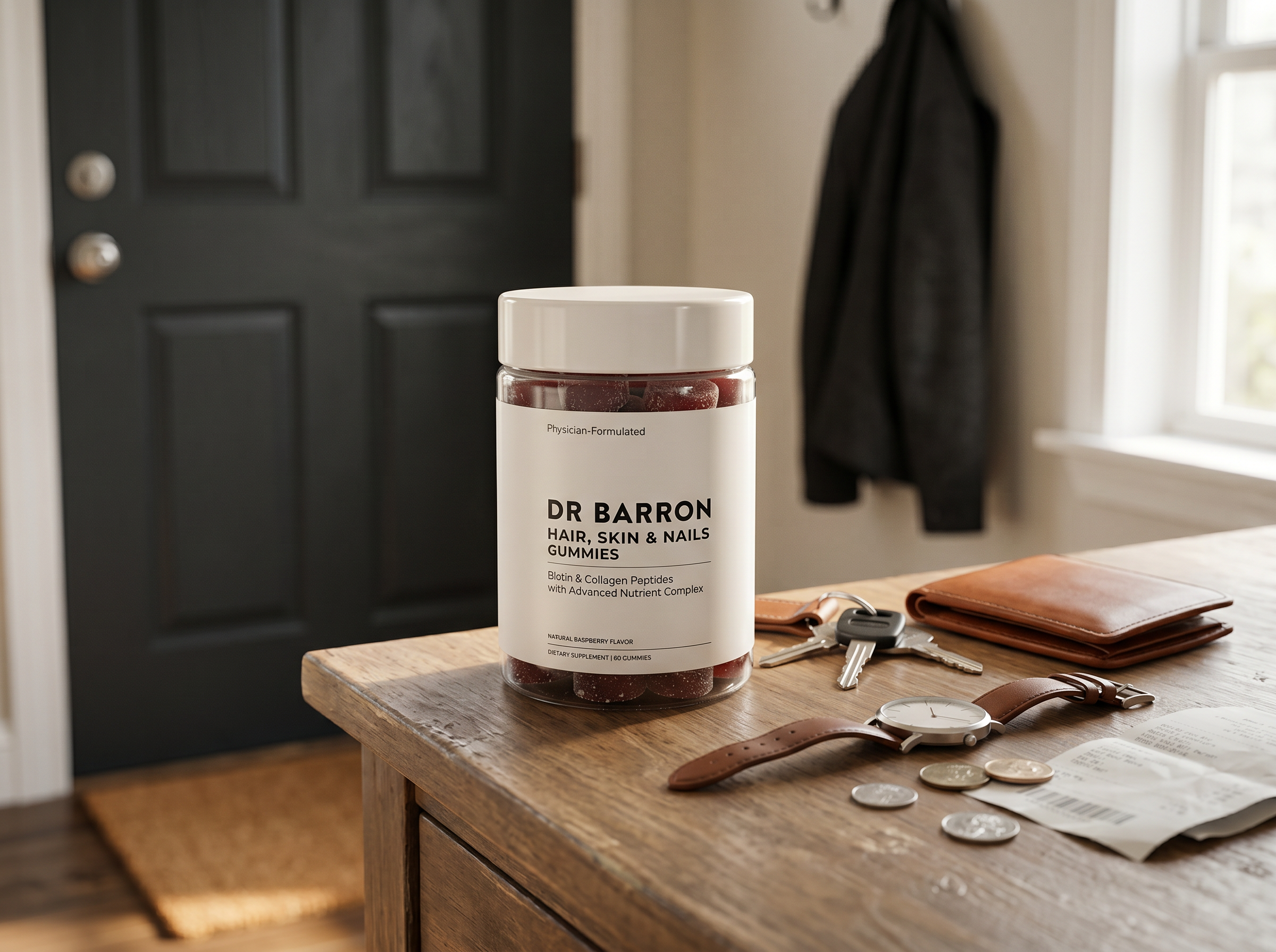 DR BARRON Hair, Skin & Nails Gummies on an entryway counter next to keys, wallet, and watch