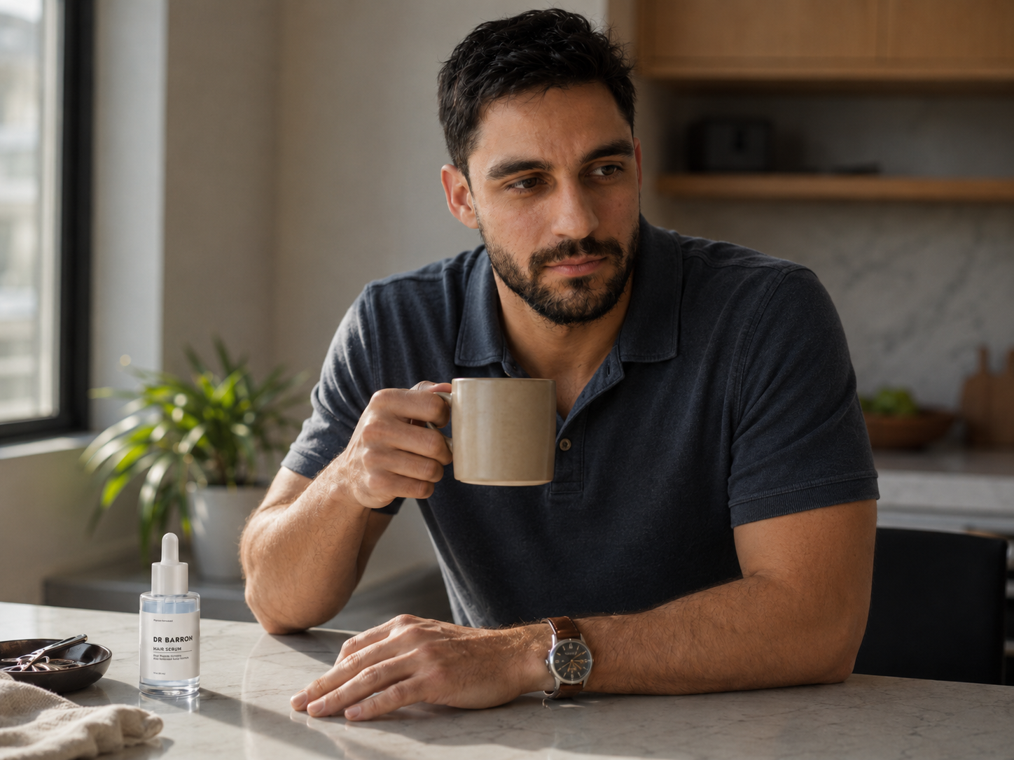 A man in a quiet morning moment leaning at a kitchen counter with a coffee mug and the DR BARRON Hair Serum on the counter