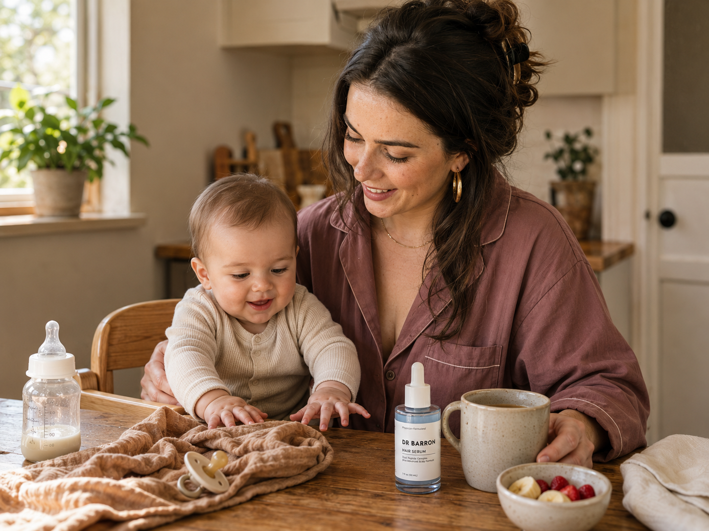 A postpartum mother and her baby in a quiet morning moment with DR BARRON Hair Serum on the kitchen table as part of her daily routine