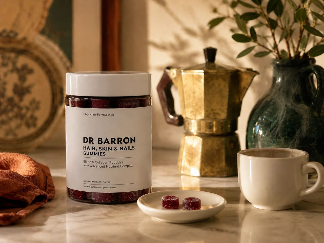 DR BARRON Hair, Skin & Nails Gummies on a marble counter with two gummies on a small plate