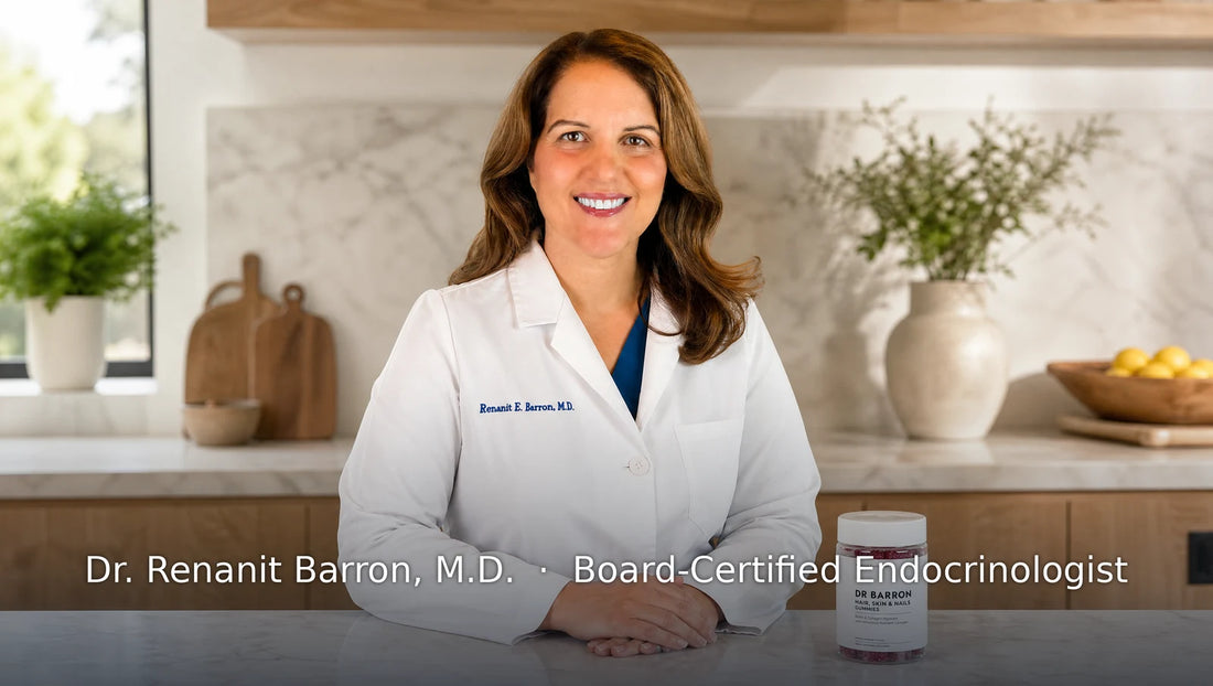 Dr. Renanit Barron, M.D., Board-Certified Endocrinologist, in her kitchen with the DR BARRON Advanced Hair Formula