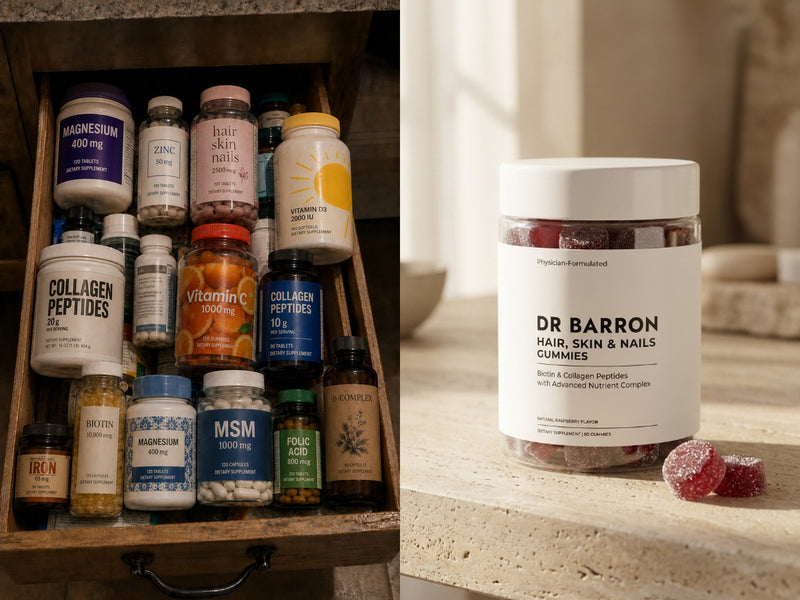 A cluttered drawer of labeled single-ingredient supplement bottles beside a single DR BARRON jar