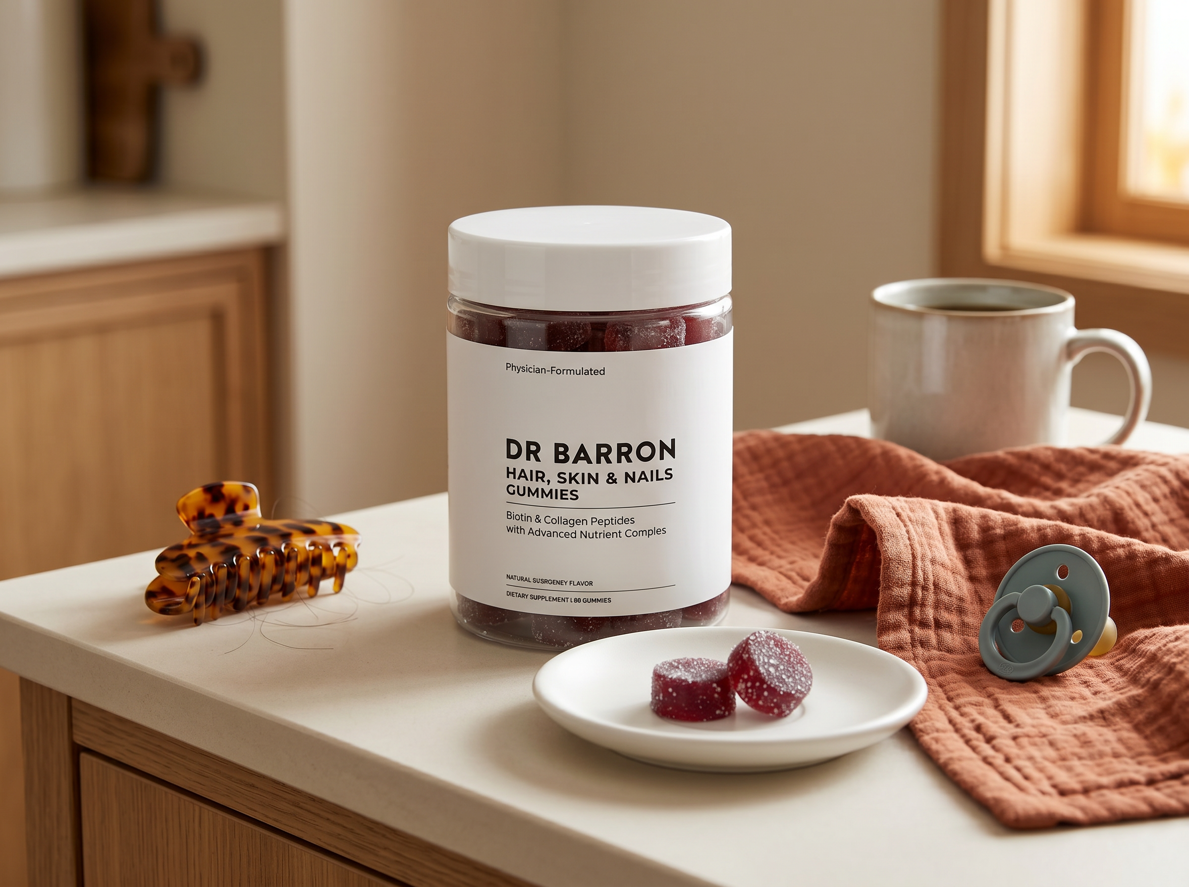 DR BARRON Advanced Hair Formula on a postpartum mom's home counter with two gummies on a small plate