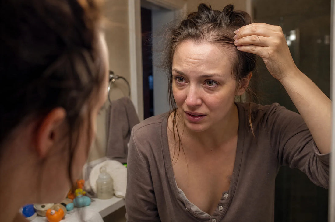 Postpartum mother noticing hair shedding at her hairline.